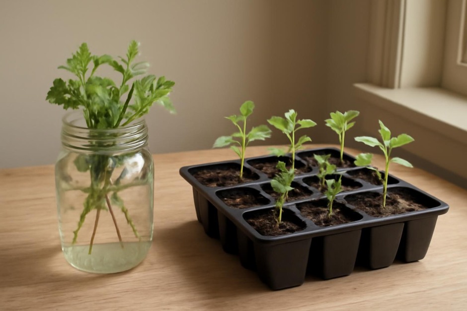 A mason jar with herb cuttings and a seed tray with rooted cuttings